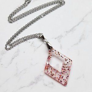 Pink and Rose Gold Pendant Necklace Glitter Sparkling Open Diamond Shaped